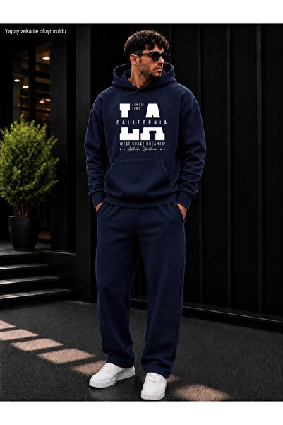 caddekombin Men's La California West Coast Printed Tracksuit Set / Hooded Kan...