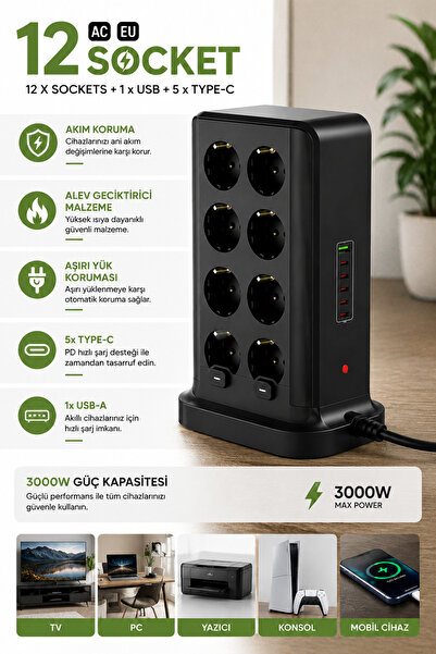 TECHNOMEN 12'li Akım Korumalı Kule Priz 3000W – 5 Type-C + USB Girişli Çoklu ...