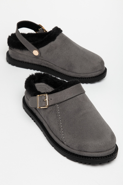 trendyes Women's Tan Fur Suede Clog Slippers with Buckle Detail, Warm and Com...