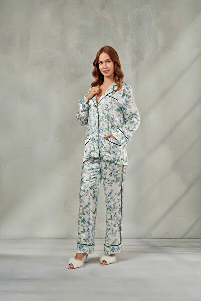 DAWN LİNE Women's Floral Patterned Blue Satin Pajama Set for Honeymoon Bloom ...