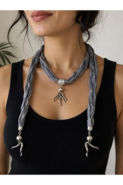 Gönülden Tasarım Gray Water Drop Women's Combed Cotton Scarf Necklace