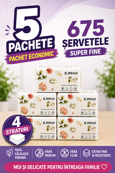 Jinhua Șervețele uscate Premium, Jinhua, Set de 5 pachete, 4 straturi, 675 bu...