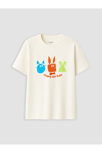 LC Waikiki Trendlucky Boys' T-Shirt with Oval Collar and Printed Design