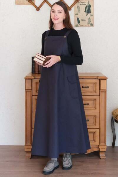 Ceylan Otantik Navy Blue Linen Skirt Salopet