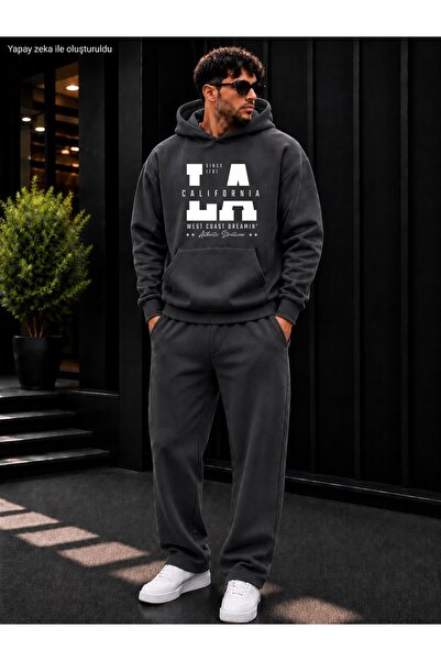caddekombin Men's La California West Coast Printed Tracksuit Set / Hooded Kan...