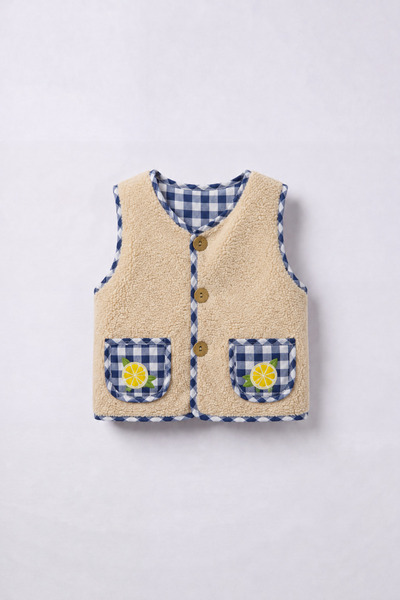 Magu Children's Cotton Plush Lemon Embroidered Ecru Navy Blue Gingham Vest