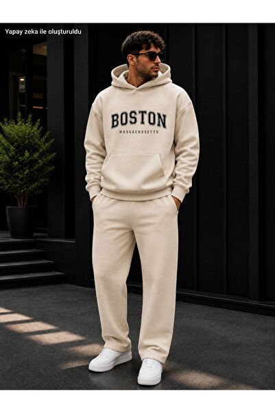 caddekombin Men's Boston Massachusetts Printed Tracksuit Set / Hooded Sweatsh...