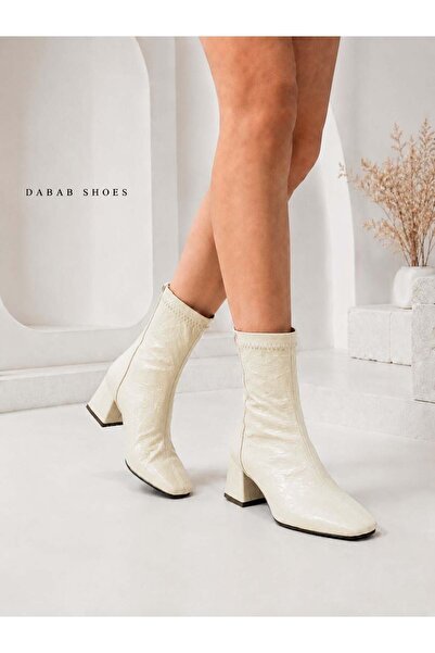 dabab shoes Janice Women's Beige Blunt Square Toe Wrinkled Patterned Patent L...