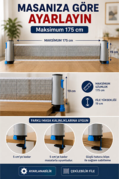 OpenCity Ayarlanabilir Çekilebilir Masa Tenisi Filesi 175 cm Portatif Ping Pong Ağı Her Masaya Uyumlu Pratik!