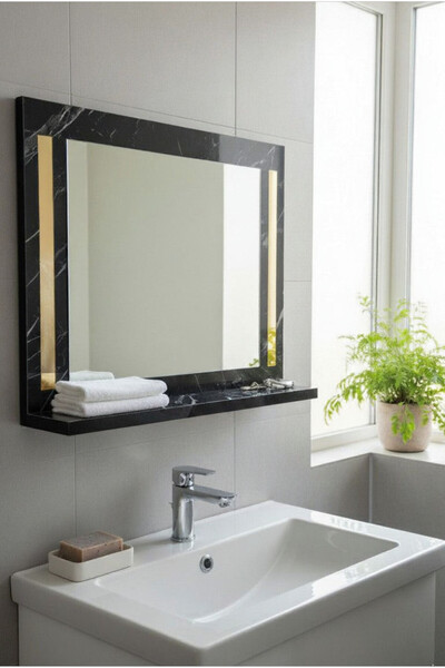 Soyoe Raflı Banyo Aynası Lavabo Aynası Raflı 60 x 45 cm Gold Pleksi İşlemeli