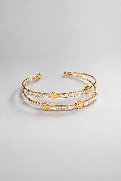 THE Steel Women's Gold Stone Bracelet with Clover Figure Waterway Design