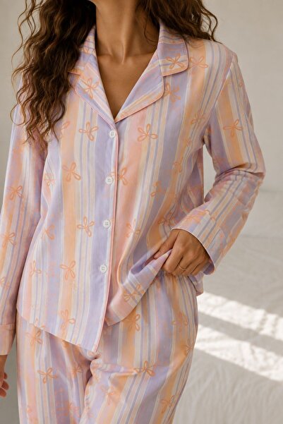 BELLA NOTTE Multi-Colored Cotton Pastel Striped Bow Patterned Buttoned Long S...
