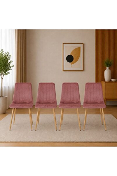 Solplant Set 4 scaune bucatarie/living, , Lava, catifea roz, picioare metal n...