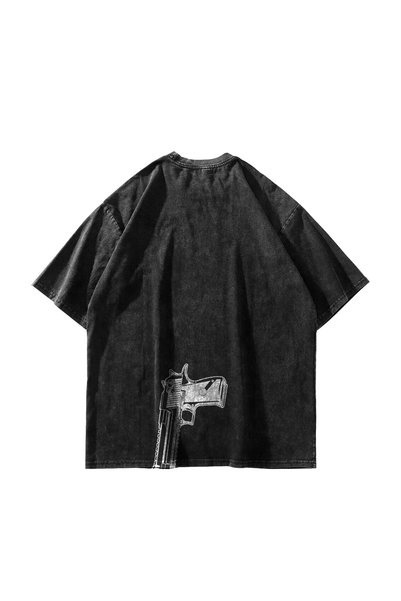 Sekizbiraltı Gun Graphic Baskılı Yıkamalı Siyah Oversize Unisex Tshirt
