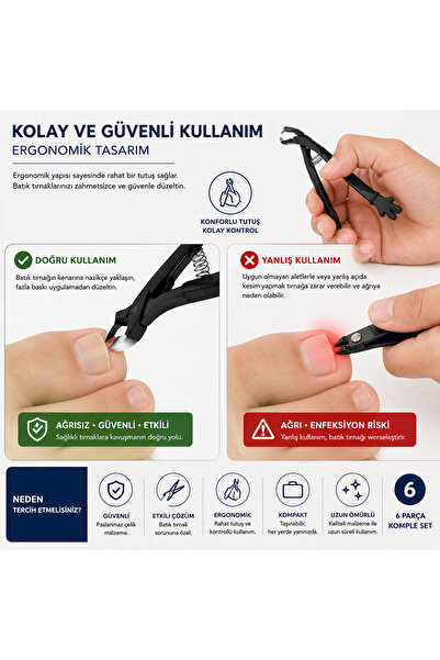 Muggio 6 Parça Batık Tırnak Seti - Batık Tırnak Makası, Pensi, Düzeltici, Temizleyici ve Törpü