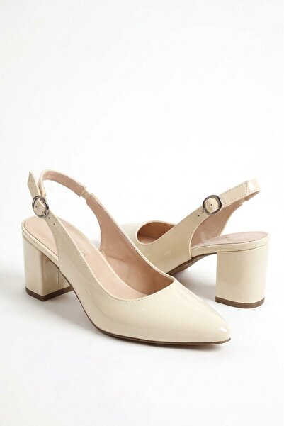 Nubbock Open Back Women's Cream Patent Leather Open Back 5 cm Heeled Shoes Nk...