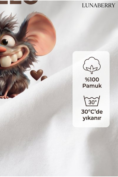 Generic Brand Unisex White T-Shirt Tatlışko Funny Mouse Oversize