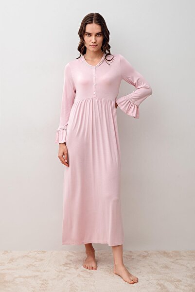 Artış Long Sleeve Buttoned Lycra Viscose Nightgown