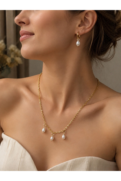FAYRA ACCESSORIES Doğal İnci Küpe ve Kolye Seti