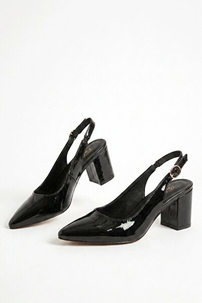 Nubbock Open Back Women's Black Patent Leather Open Back 5 cm Heeled Shoes Nk...