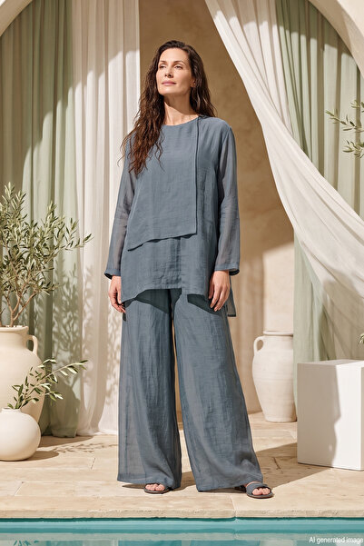 Ceremony Blouse with Front Piece and Wide Leg Trousers Nile Set 965 Petrol