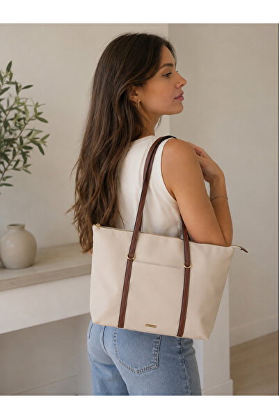 emelimin Women's Cream Zippered Shoulder Bag Large Size Daily Useful Tote Bag