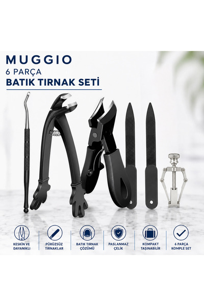 Muggio 6 Parça Batık Tırnak Seti - Batık Tırnak Makası, Pensi, Düzeltici, Temizleyici ve Törpü