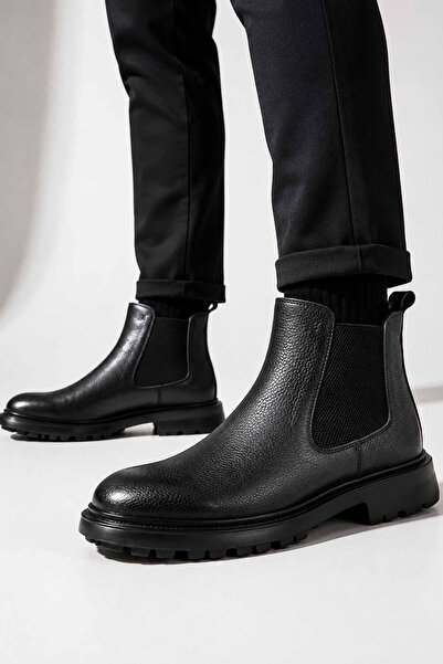 İnci Men's Black Genuine Leather Chelsea Boots with Elastic Thick Sole Daily ...