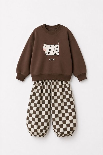 CALİSA Unisex Çocuk 2'li Takım 2-8 Yaş Cow Baskılı Sweatshirt Kareli Pantolon Günlük Okul Kombini