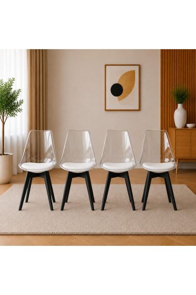 Solplant Set 4 scaune bucatarie/living, , Mark, PP transparent, picioare negr...