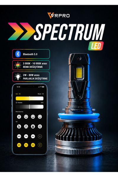 vr pro H7 Led Far 3 Renk Kademeli Işık Bluetooth Bağlantalı 18000 Lümen Şimşe...