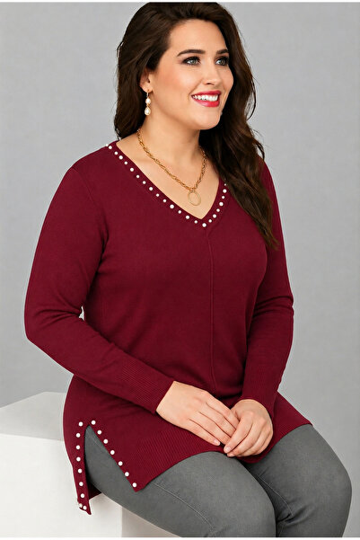 Curvy Trend Bluza velikih dimenzija sa izrezom i prorezom na rubu, sa perličn...
