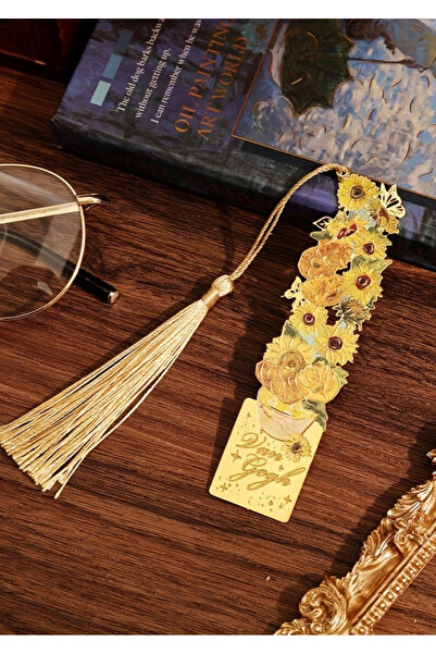 TATA CRAFT Sanatsal Van Gogh Vintage Metal Kitap Ayracı Püsküllü Altın Sarısı...