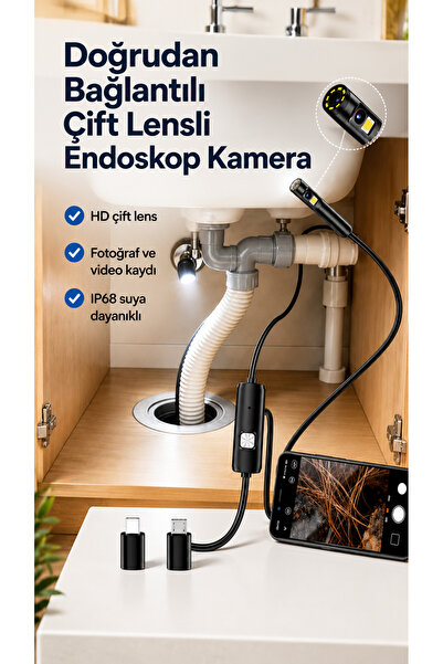 ULTRATEKNO ULT110S 10M Çift Kameralı 1440P Endoskop Yılan Kamera IP68 8mm Sert Kablo iOS Android
