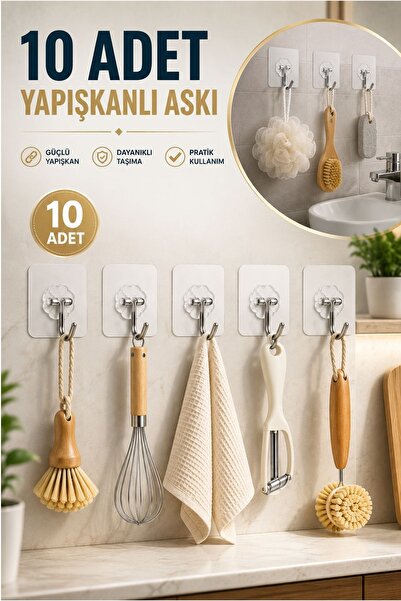 Kitchen Beauty Premium 10 Adet Kapı Duvar Askısı, Kendinden Yapışkanlı Şeffaf...