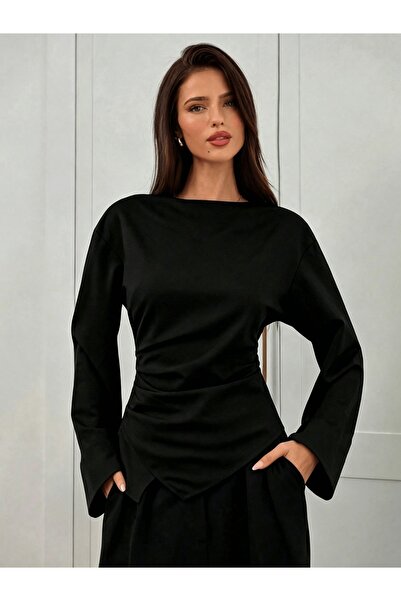 uyguntarz Women's Black Modal Blend Boat Neck Draped Long Sleeve Blouse