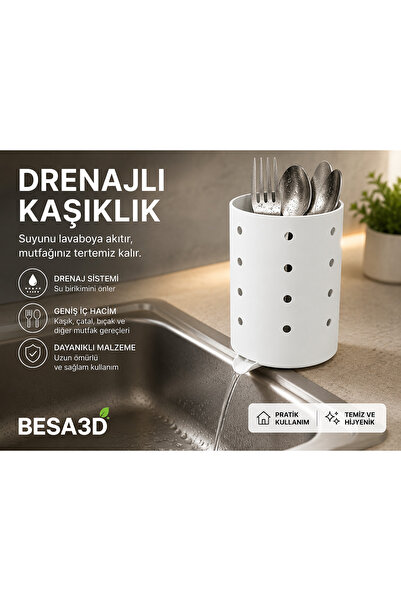 besa3d Spoon Holder with Strainer – Kitchen Utensil Organizer with Water Drai...