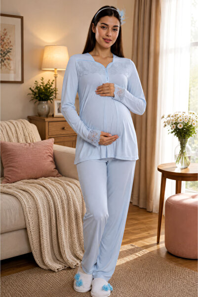 ByLohusa Breastfeeding Feature Cotton Maternity Pajama Set with Elastic Waist...