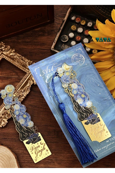 TATA CRAFT Sanatsal Van Gogh Vintage Metal Kitap Ayracı Püsküllü Altın Sarısı...