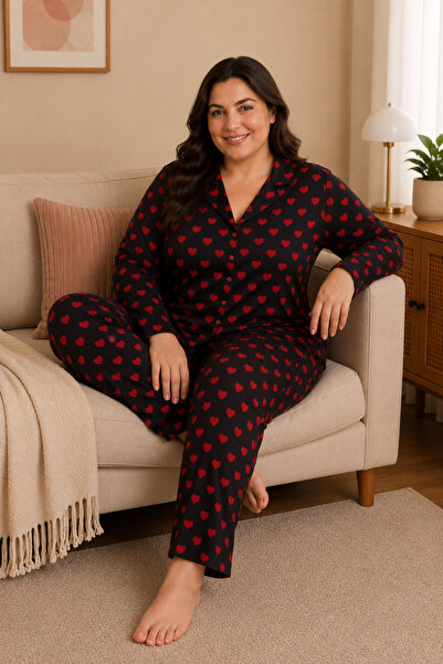 Vesperia Kadın Büyük Beden Battal Boy Süet Düğmeli Pijama Takımı