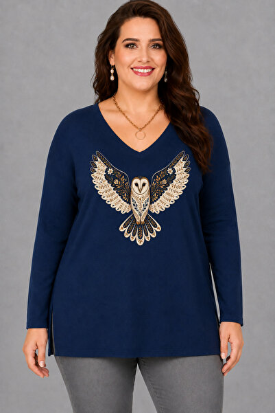 Curvy Trend Plus Size Owl Printed V-Neck Long Sleeve Side Slit Blouse Navy Blue