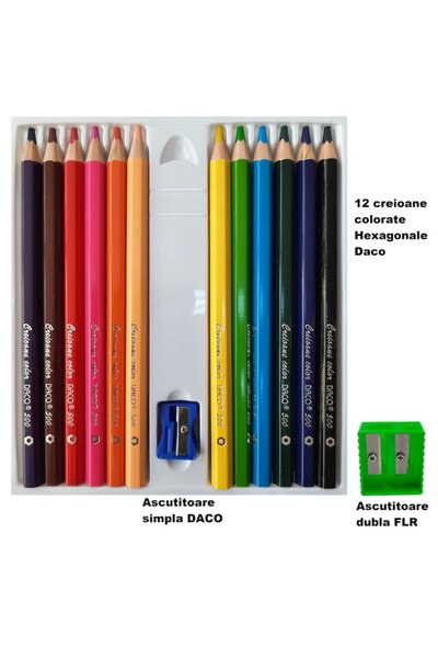 Daco Set de creioane colorate groase, CC512H, hexagonale, 12 culori/set + ascuțitoare dublă FLR