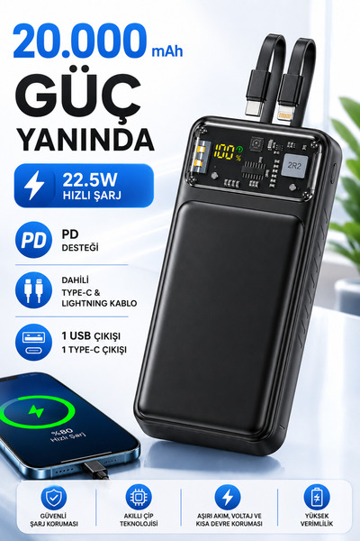 MATECHNO 20.000 mAh Powerbank 22.5W Hızlı Şarj PD Destekli Dahili Type-C & Li...