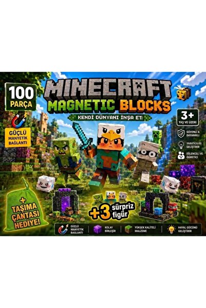 AYAZ JOYBOY Minecraft Temalı Manyetik Blok Oyuncak Seti 100 Parça + 3 Sürpriz...