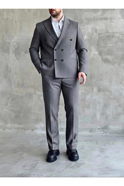 Gri Çizgili Oversize Takım Elbise