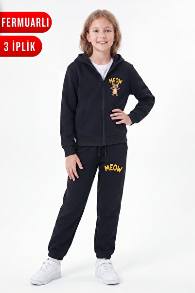 FYK KİDS 3 Thread Printed Zippered Girls' Tracksuit Set