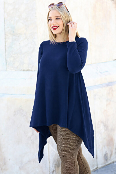 Curvy Trend Fustă mărime mare, tunică cu mânecă lungă, albastru închis