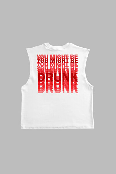 Sekizbiraltı You Might Be Drunk Printed White Zero Sleeve Tshirt