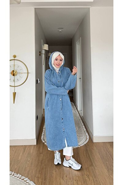 Nes Moda Kadın Metal Düğme Detaylı Kapüşonlu Uzun Denim Kot Tesettür Kap Ferace