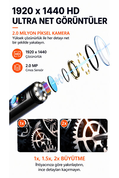 ULTRATEKNO ULT110S 10M Çift Kameralı 1440P Endoskop Yılan Kamera IP68 8mm Sert Kablo iOS Android